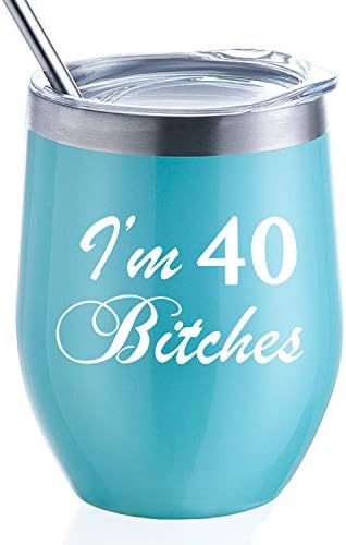 I'm 40 Birthday Gifts for Women 12 oz Stainless Steel Wine Tumbler with Lid & Straw Funny 40th Birthday Gift For Women