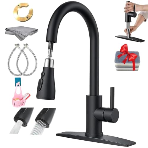 Actualizado Grifo de Cocina de Acero Inoxidable - 1 Mezcladora para Fregadero + 1 Cepillo de Limpieza +1 Paño Limpieza + Otros Accesorios, Grifo Llaves para Fregadero de Cocina Llave Mezcladora Negro