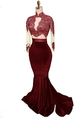 Rosebridal Mermaid High Neck Evening Dresses Velvet with Appliques Zipper Back Prom Gowns for Women (US 2, Dark Red)