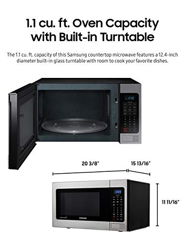 SAMSUNG 1.1 Cu Ft Countertop Microwave Oven w/ Grilling Element, Ceramic Enamel Interior, Auto Cook Options,1000 Watt, MG11H2020CT/AA, Stainless Steel, Black w/ Mirror Finish,15.8"D x 20.4"W x 11.7"H