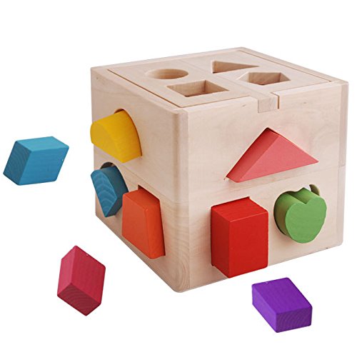 Wood Shape Sorting Cube - Box Educational Toy for Toddlers & Young Children - Classic Wooden Toy With 13 Shapes