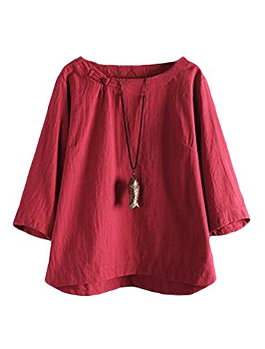 MinibeeWomen's Linen Blouse Round Neck 3/4 Sleeve Shirt Tops with Chinese Frog Button