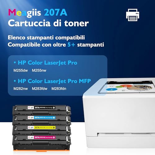 Meagiis 207A Toner Cartridges with Chip Compatible for HP 207A 207X for HP Color Laserjet Pro M255dw M255nw MFP M283fdw M283fdn M282nw W2210A W2211A W2212A W2213A (1 Black, 1 Cyan, 1 Magenta, 1 Yellow (1 Yellow