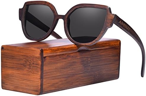 Wood Polarized Sunglasses 100% UV Protection, Bamboo Wooden Frame (Brown, Grey)