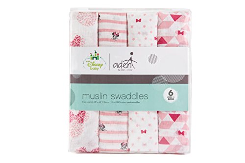 aden by aden + anais Disney Swaddle Baby Blanket, 100% Cotton Muslin, 44 X 44 inch, 4 Pack, Minnie Mouse