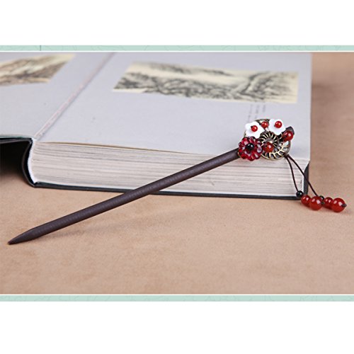 7inch- Wooden Hair Pin Chinese Lacquer Plum blossom Shell Hair Sticks Hairpin with Tassel Pearls Dangle Retro for Women Girls Long Hair Styling (Plum blossom)