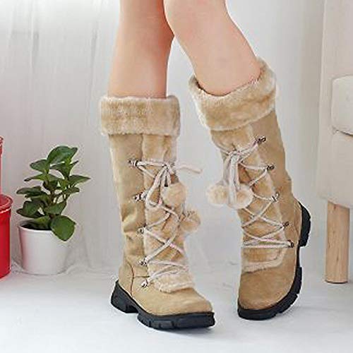 Teresamoon Women Suede Hairball Round Toe Square Heel Shoes Keep Warm Zipper Snow Boots (Beige/42)