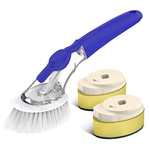 Soap Dispensing Dish Brush, Tearcam Kitchen Dish Cleaning Brush Pot Scrubber Cleaner with Non-slip Handle, Extra 2 Sponge Brush Heads