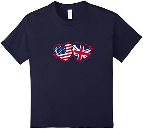 Kids Love Hearts USA Union Jack UK Flags Entwined Valentine Shirt 6 Navy