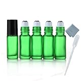 Elfenstall- 5pcs Thick 5ml(1/6oz) Roll on Glass Bottle Frosted green for Essential Oil Empty Aromatherapy Perfume Bottle - Refillable w/ Stainless Steel Roller Ball 3ml Pipette dropper
