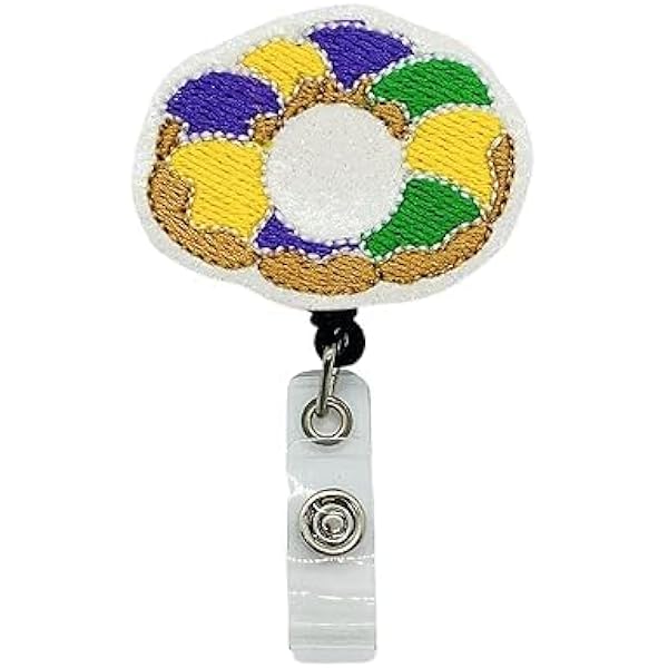 Mardi Gras King Cake Badge Reel - Silicone Beaded Retractable ID Holder With Alligator Clip (24in Cord)