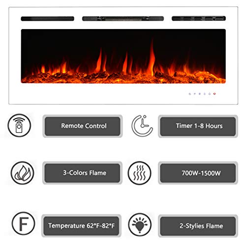 YODOLLA 50" White Electric Fireplace Insert,Touch Screen Control Panel & Remote Control, 750-1500W Heater with Timer & 3 Flames