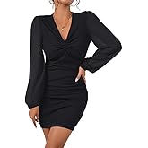 Fisoew Women's V Neck Party Dresses Slim Fitted Long Sleeve Twist Knot Ribbed Mini Club Bodycon Dress