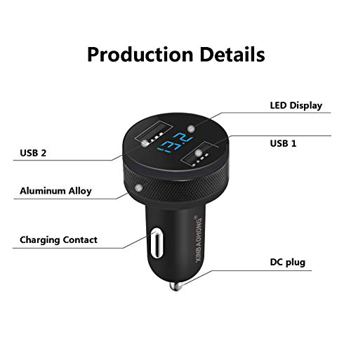Car Charger, XINBAOHONG Fast Charge Metal Dual USB 4.8A Car Adapter LED Display Car Voltage Detector Flush Fit for Phone PC and More (Black-B)