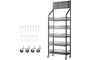 NERXERX 5 Tier Retail Candy Display Rack Metal Storage Shelf with Wheels & 5 Hooks Concession Candy Snack Display Rack Sturdy and Stable Chip Shelf Rack for Stores, Kitchen, Office (Black, 19.7*10.6*65 in)