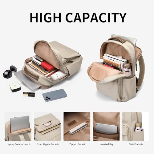 Laptop Backpack for Women, Casual Work and Travel Daypack Fits 15.6 Inch Laptop, Stylish Computer Bag for School or Office Use, Apricot