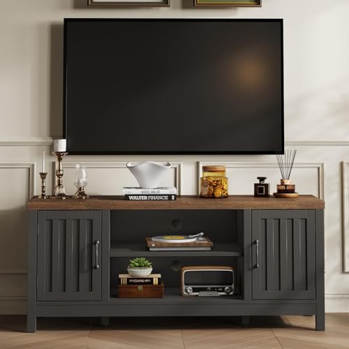 ChooChoo Farmhouse TV Stand for Televisions up to 55 inches, Entertainment Center Console Table Media Furniture with Storage Cabinets and Open Shelves, Fluted Door, for Living Room Bedroom, Black