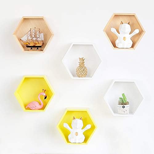 TSAML Creative Hexagon Wooden Corner Shelves Storage Rack Wall Magazine Storage Basket Floating Home Decor Fashion Furniture (Yellow, 27x9x23cm)