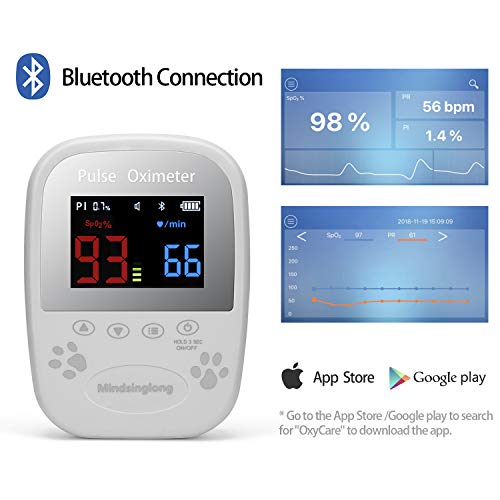 Mindsinglong Veterinary Oximeter, Pets Health Monitor Vet Oxygen Saturation Pulse Rate Perfusion Tester with Ear Tongue Sensor for Cats, Dogs and Other Animals (Bluetooth Supported)