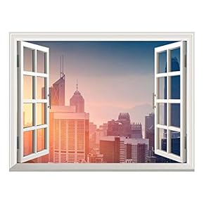 Removable Wall Sticker/Wall Mural - Modern Cityscape at Sunrise | Creative Window View Wall Decor - 24"x32"