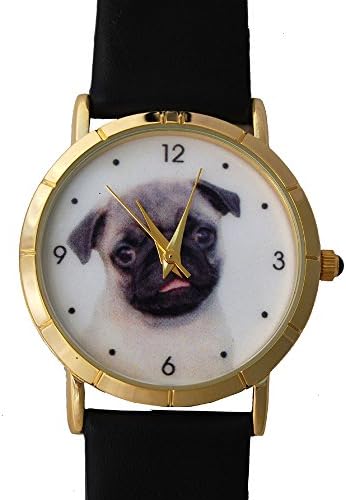 Pug Dog Puppy Watch Classic Larger Size 1.1/4 Inch Dial. Gold Tone Case Black Leather Band.