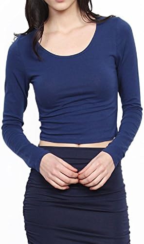 Scoop Neck Long Sleeve Fitted Crop Top Basic Stretch Cotton Cropped Tee