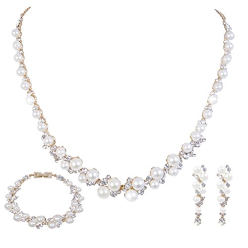 Ever faith simulated pearl crystal bridal necklace earrings brace…