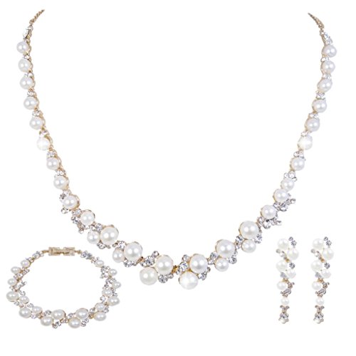 EVER FAITH Simulated Pearl Crystal Bridal Necklace Earrings Bracelet Set Gold-Tone Ivory Color