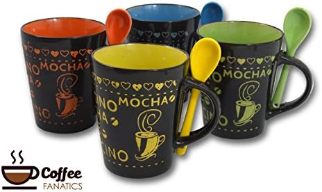 Coffee Mug-Cup Spoon Set of 4 Cafe Style 10 oz. Assorted Multi Color Artisan Made Unique Cups Mugs