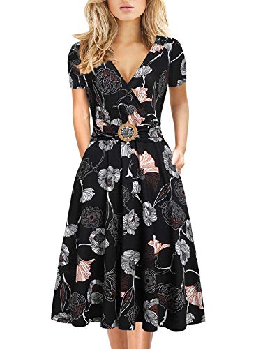 Fit and Flare Dress for Womens Elegant Criss-Cross V Neck Vintage Short Sleeve Work Casual Party Tea Swing Dress with Pockets 980 (S, Black Floral) at Amazon