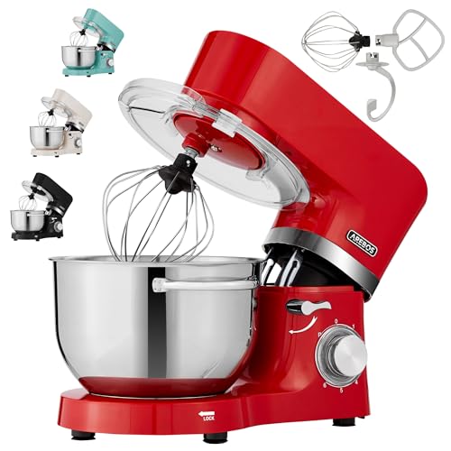 Arebos Küchenmaschine 1500W Rot | Knetmaschine mit 2x Edelstahl-Rührschüsseln 4,5 & 5,5L | Geräuscharm | Küchenmixer mit Rührhaken, Knethaken, Schlagb