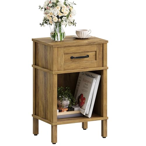 YAUKTAK Wooden Bedside Table Side Table with Drawers Open Compartment Modern Minimalist Bedside Table Bedroom Living Room Rustic Brown LET512DR
