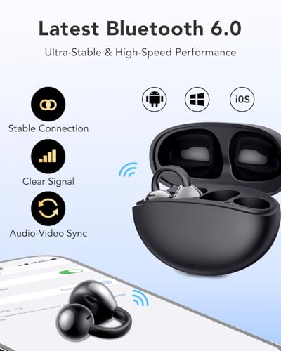 Clip On Earbuds Open Ear Earphones Wireless Headphones Bluetooth 6.0, 12mm Dynamic Drivers, 20 Hours Sports Ear buds, Air Conduction Headphones Compatible with iPhone & Android, Black