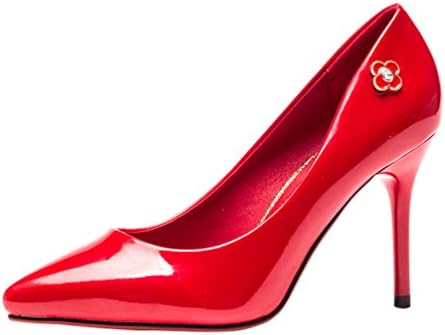 PerfectAZ Women Fashion Graceful PU Slip On Flower Rivet Thin High Heel Wedding Party Pump Shoes(5 B(M) US, Red)