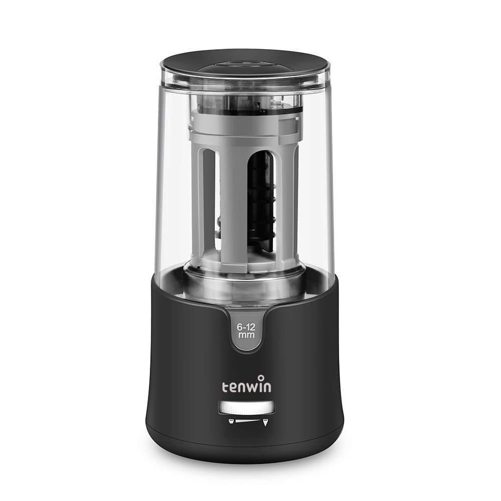 Electric Pencil Sharpener, AC Adapter Powered Sharpener with Container for 6-12mm Coloured Pencils, Auto Stop for Artists, Office, Classroom, School Use, Portable, Heavy Duty (Black)