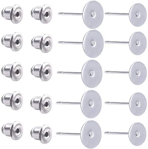 100 Pieces Stainless Steel Earrings Posts Flat Blank Earring Pin Studs (2 Size) with 100 Pieces Bullet Clutch Earring Backs for Earring Making Findings, Total 200 Pieces