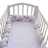 LOAOL Baby Crib Bumper Knotted Braided Plush Nursery Cradle Decor Newborn Gift Pillow Cushion Junior Bed Sleep Bumper (4 Meters, white-gray-rose)