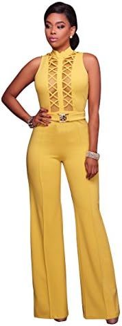 Women's Sexy Mesh See Through Top Open Back Loose Long Wide Leg Jumpsuits Rompers Yellow L
