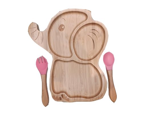 BAMBOO GIFT COMPANY Baby & Toddler Bamboo Suction Plate Set for Feeding and Weaning - Pink Elephant Design