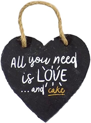 SLATE HEART ALL YOU NEED IS LOVE AND CAKE WHITE GOLD GREY 8CM X 8CM X 0.5CM