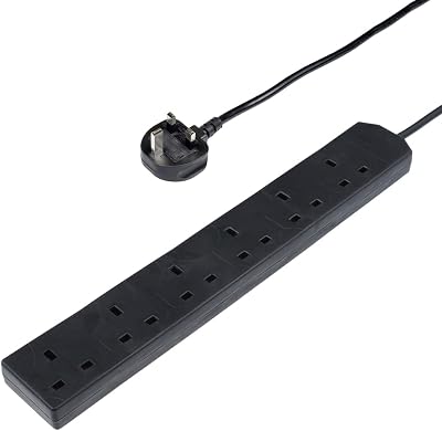 Invero 6 Way Power Mains Extension Lead 1M Cable UK 13A Black