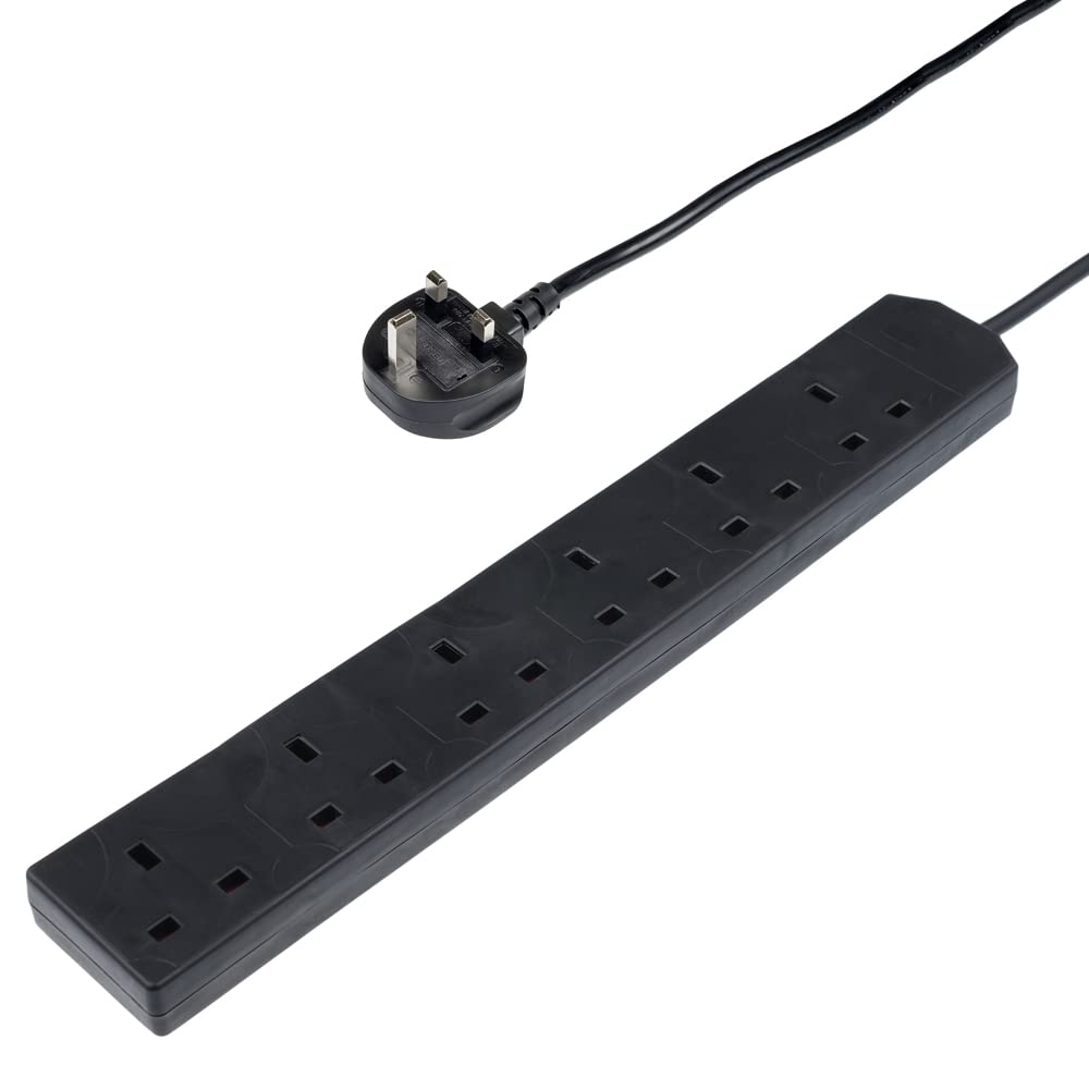 Invero® 6 Way Gang Power Mains Extension Lead 5M Metre Cable British Approved 13A Amps - Black
