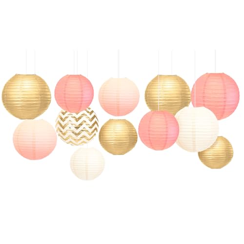 AOBKIAT Pink Birthday Party Decorations for Women Girls,12 Pcs Gold Hanging Paper Lantern for Wedding Engagement Bridal Baby Shower Bachelorette Party Supplies