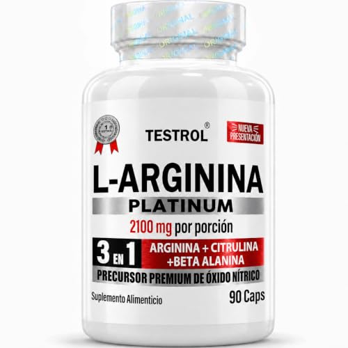 Arginina Platinum 2100mg por porción | L Arginina + L Citrulina + Beta Alanina | Pre Workout | Pre Entreno sin Cafeina | Precursor de Oxido Nítrico | Testrol TSN (90 Cápsulas).