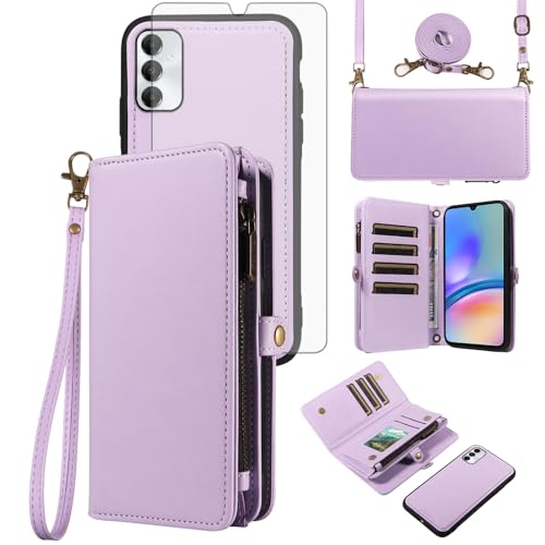Asuwish Phone Case for Samsung Galaxy A05s/A05 Zipper Wallet Detachable Cover with Tempered Glass Screen Protector Crossbody Lanyard Strap Flip Card Holder Slot Ao5s Ao5 A 05s 05 Women Men Purple