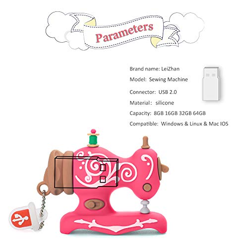 LEIZHAN Novelty USB Flash Drive Sewing Machine Themed Character Thumb Drive Gift Pendrive (16GB, Sewing Machine (Pink))