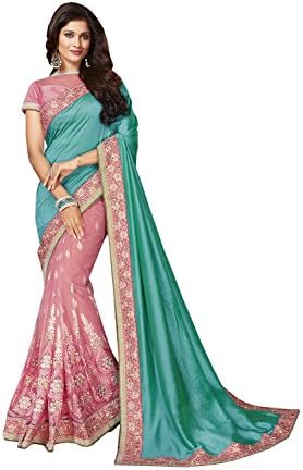 Indian Sarees For Women Wedding Designer Party Wear Pink+Sea Green Art Silk+Net Sari In Pink+Sea Green Art Silk+Net