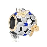 LuckyJewelry Gold Plated Butterfly September Birthstone Blue Crystal Flower Beads Fit Charms Bracelet