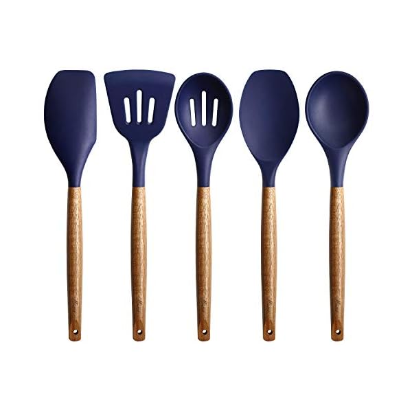 Miusco Non-Stick Cooking Utensils, Silicone Kitchen Utensils Set with Natural Acacia Hard Wood Handle, 5 Piece, Midnight…