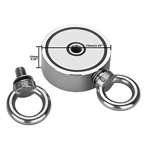Fishing Magnet with Rope & Gloves, 960lbs Pulling Force Double Sided Super Strong Round Rare Earth Neodymium Magnet with Eyebolt for Magnetic Fishing, River, Lake, Salvage, 2.95" Diameter